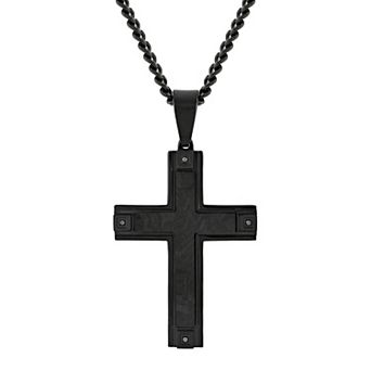 Men's Steel Nation Black Diamond Accent Stainless Steel and Carbon Fiber Cross Pendant Necklace