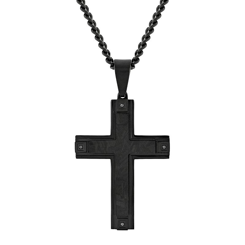 Men's Jewelry Nation Black Diamond Accent Stainless Steel and Carbon Fiber Cross Pendant Necklace, Size: 24"