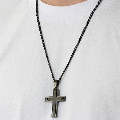 Men's Jewelry Nation Black Diamond Accent Stainless Steel and Carbon Fiber Cross Pendant Necklace