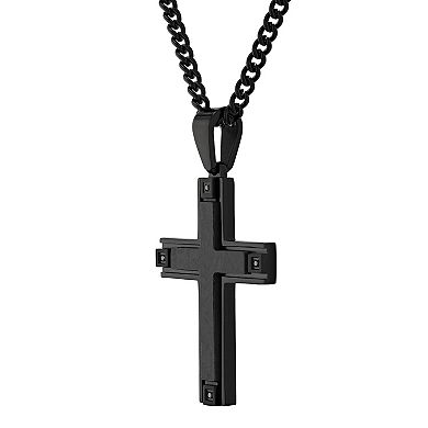 Men's Jewelry Nation Black Diamond Accent Stainless Steel and Carbon Fiber Cross Pendant Necklace