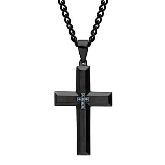 Men's Steel Nation Black Stainless Steel Blue Diamond Accent Cross Pendant Necklace