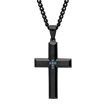 Men's Steel Nation Black Stainless Steel Blue Diamond Accent Cross Pendant Necklace