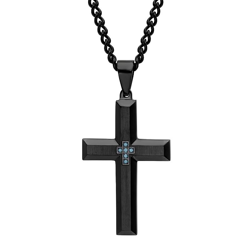 Men's Jewelry Nation Black Stainless Steel Blue Diamond Accent Cross Pendant Necklace, Size: 24"
