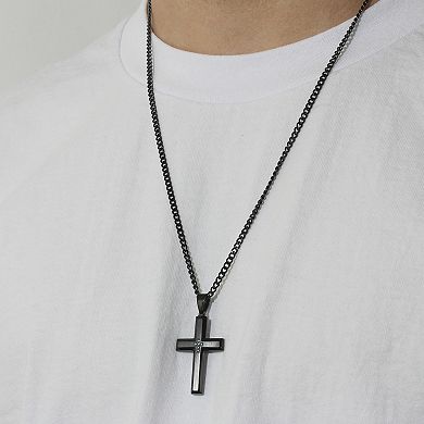 Men's Jewelry Nation Black Stainless Steel Blue Diamond Accent Cross Pendant Necklace