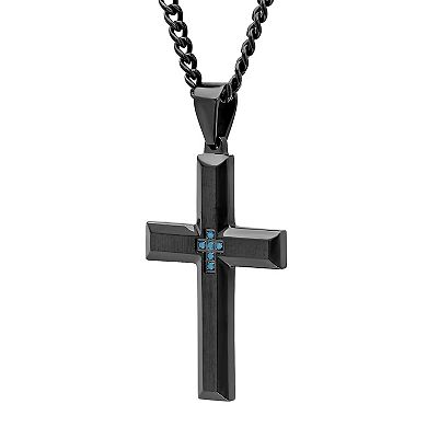 Men's Jewelry Nation Black Stainless Steel Blue Diamond Accent Cross Pendant Necklace