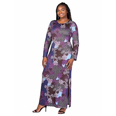 Plus Size 24Seven Comfort Apparel Purple Paisley Long Sleeve Side Slit Fitted Maxi Dress