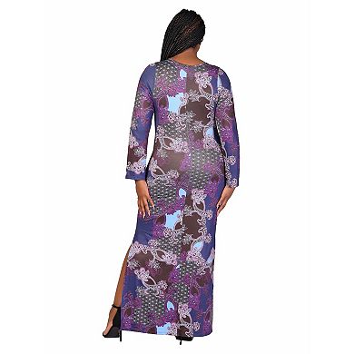 Plus Size 24Seven Comfort Apparel Purple Paisley Long Sleeve Side Slit Fitted Maxi Dress