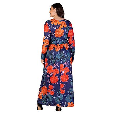 Plus Size 24Seven Comfort Apparel Navy Floral Print Long Sleeve Side Slit Maxi Dress