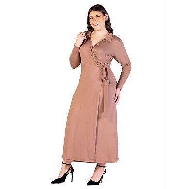 Plus Size 24Seven Comfort Apparel Comfortable Collared Wrap Maxi Dress