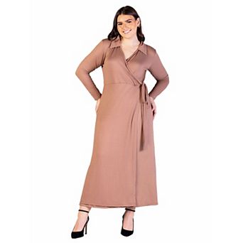 Plus Size 24Seven Comfort Apparel Comfortable Collared Wrap Maxi Dress