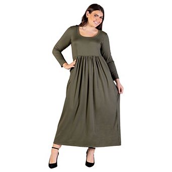 Plus Size 24Seven Comfort Apparel Long Sleeve Empire Waist Pocket Maxi Dress