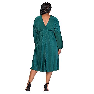 Plus Size 24Seven Comfort Apparel Shimmer Pleated V Neck Empire Waist Bishop Sleeve Midi Dress