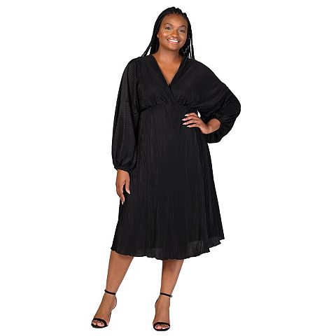 Женские платья 24Seven Plus Size 24Seven Comfort Apparel Shimmer Pleated V Neck Empire Waist Bishop Sleeve Midi Dress