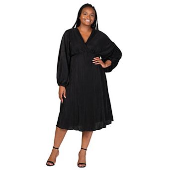 Plus Size 24Seven Comfort Apparel Shimmer Pleated V Neck Empire Waist Bishop Sleeve Midi Dress