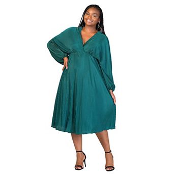 Plus Size 24Seven Comfort Apparel Shimmer Pleated V Neck Empire Waist Bishop Sleeve Midi Dress