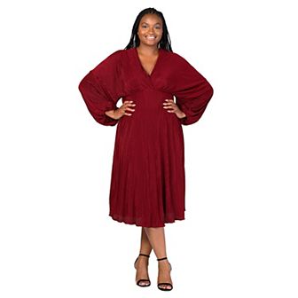 Plus Size 24Seven Comfort Apparel Shimmer Pleated V Neck Empire Waist Bishop Sleeve Midi Dress