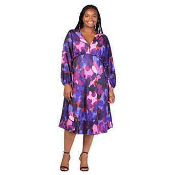 Plus Size 24Seven Comfort Apparel Multicolor Pleated V Neck Empire Waist Bishop Sleeve Midi Dress