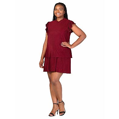 Plus Size 24seven Comfort Apparel Ruffle Cap Sleeve High Neck Pleated Tiered Mini Dress