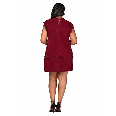 Plus Size 24seven Comfort Apparel Ruffle Cap Sleeve High Neck Pleated Tiered Mini Dress