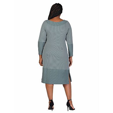 Plus Size 24Seven Comfort Apparel Ribbed Knit Long Sleeve Split Hem Sweater Dress
