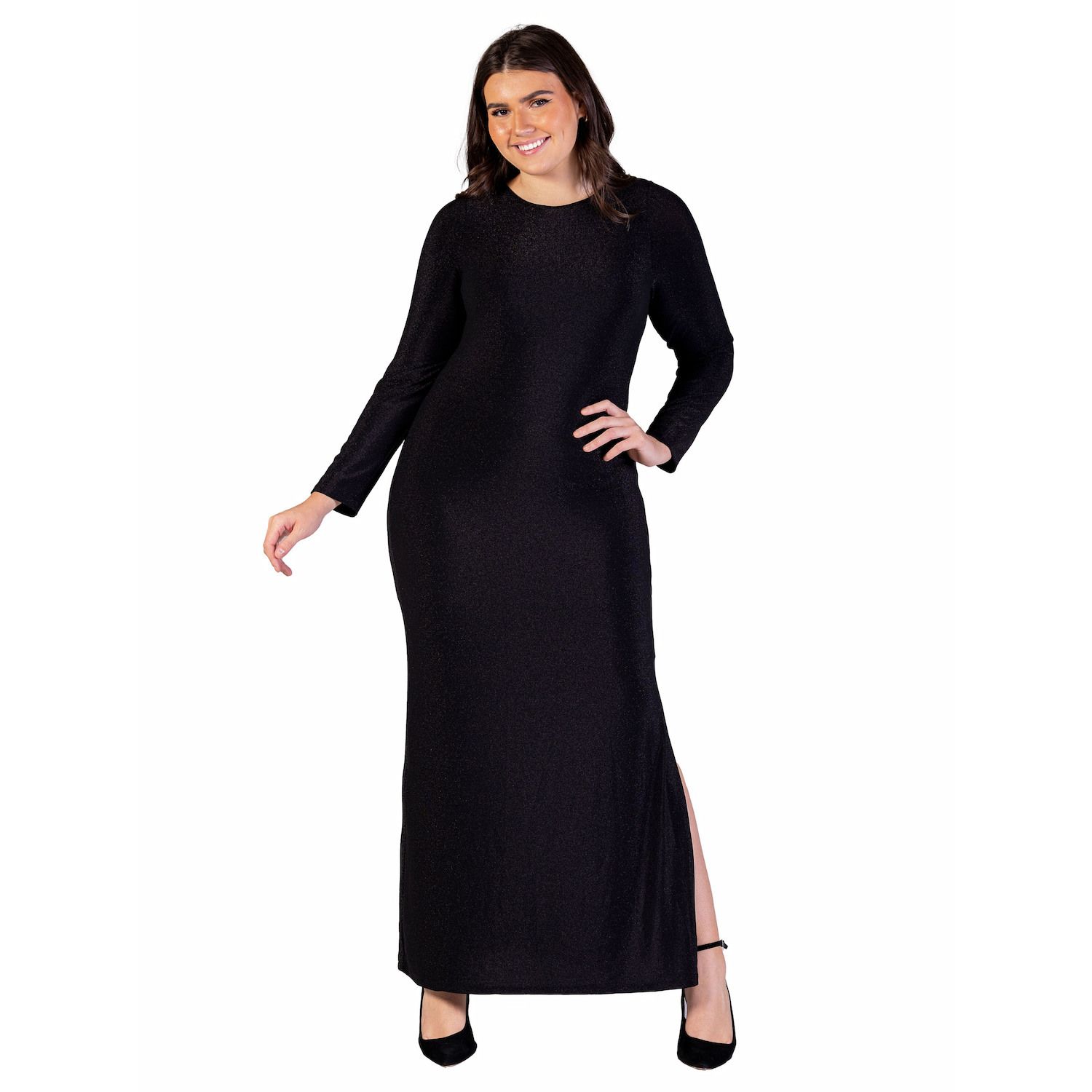 Женские платья 24Seven Comfort Apparel Plus Size 24Seven Comfort Apparel Fitted Long Sleeve Shimmery Fabric Side Slit Maxi Dress
