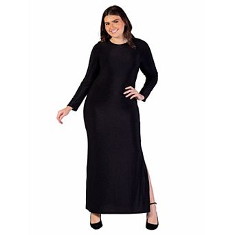Plus Size 24Seven Comfort Apparel Fitted Long Sleeve Shimmery Fabric Side Slit Maxi Dress