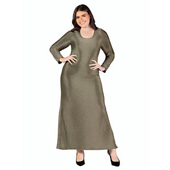 Plus Size 24Seven Comfort Apparel Fitted Long Sleeve Shimmery Fabric Side Slit Maxi Dress