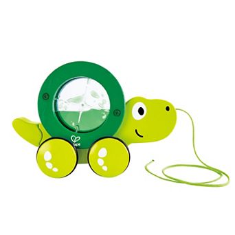 Hape: Pull Along Tito Wooden Green Turtle Wheeled Push & String Take Along Toy