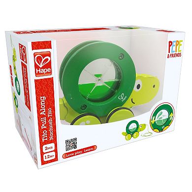 Hape: Pull Along Tito Wooden Green Turtle Wheeled Push & String Take Along Toy