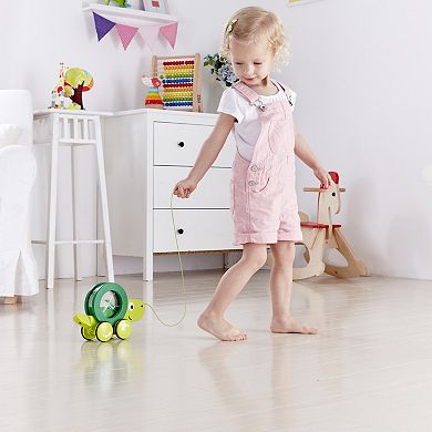 Hape: Pull Along Tito Wooden Green Turtle Wheeled Push & String Take Along Toy
