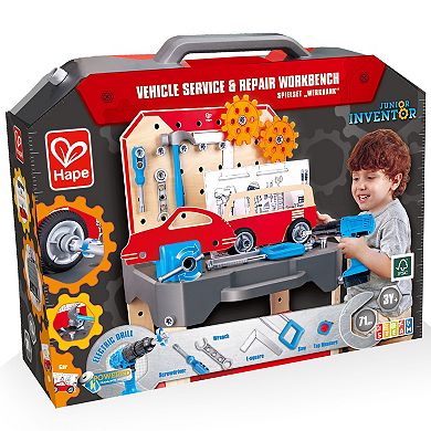 Hape: Junior Inventor: Vehicle Service & Repair Workbench 71-pc. Wooden Toy Tool Station