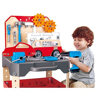 Hape: Junior Inventor: Vehicle Service & Repair Workbench 71-pc. Wooden Toy Tool Station