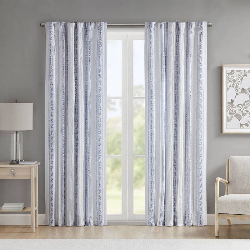 Madison Park Isabella 1-Panel Printed Window Curtain with Tufted Stripe and Lining, White Navy