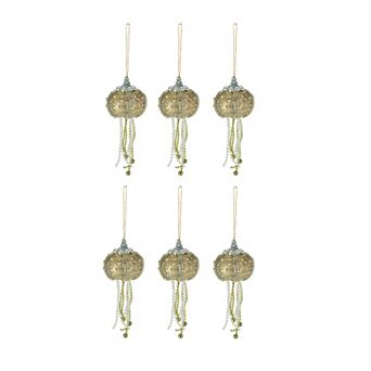 Set Of 6 Elegant Golden Sea Urchin Shell Hanging Ornaments Beaded Accents
