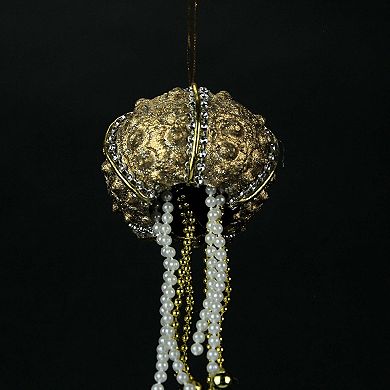 Set Of 6 Elegant Golden Sea Urchin Shell Hanging Ornaments Beaded Accents