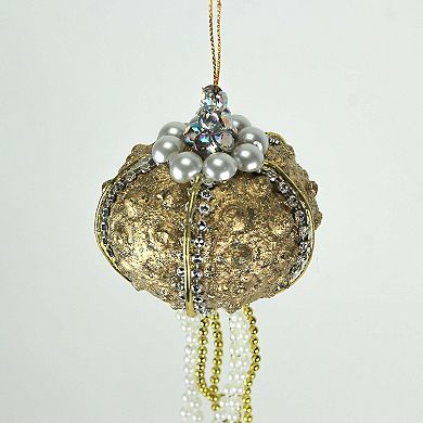 Set Of 6 Elegant Golden Sea Urchin Shell Hanging Ornaments Beaded Accents