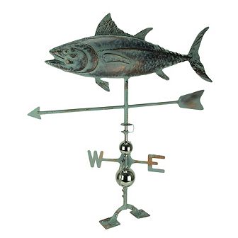 Verdigris Patina Metal Tuna Fish Weather Vane With Roof Mount