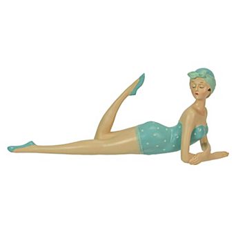 Retro Bathing Beauty Beach Girl Posing In Sage Green Polka Dot Swimsuit Figurine