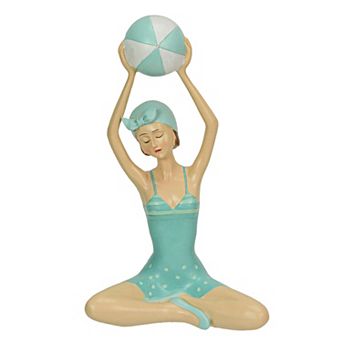 Retro Bathing Beauty Beach Girl With Ball Sage Green Polka Dot Swimsuit Figurine