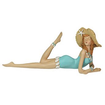 Retro Lounging Beauty Beach Girl Teal Swimsuit Resin Figurine Home Decor