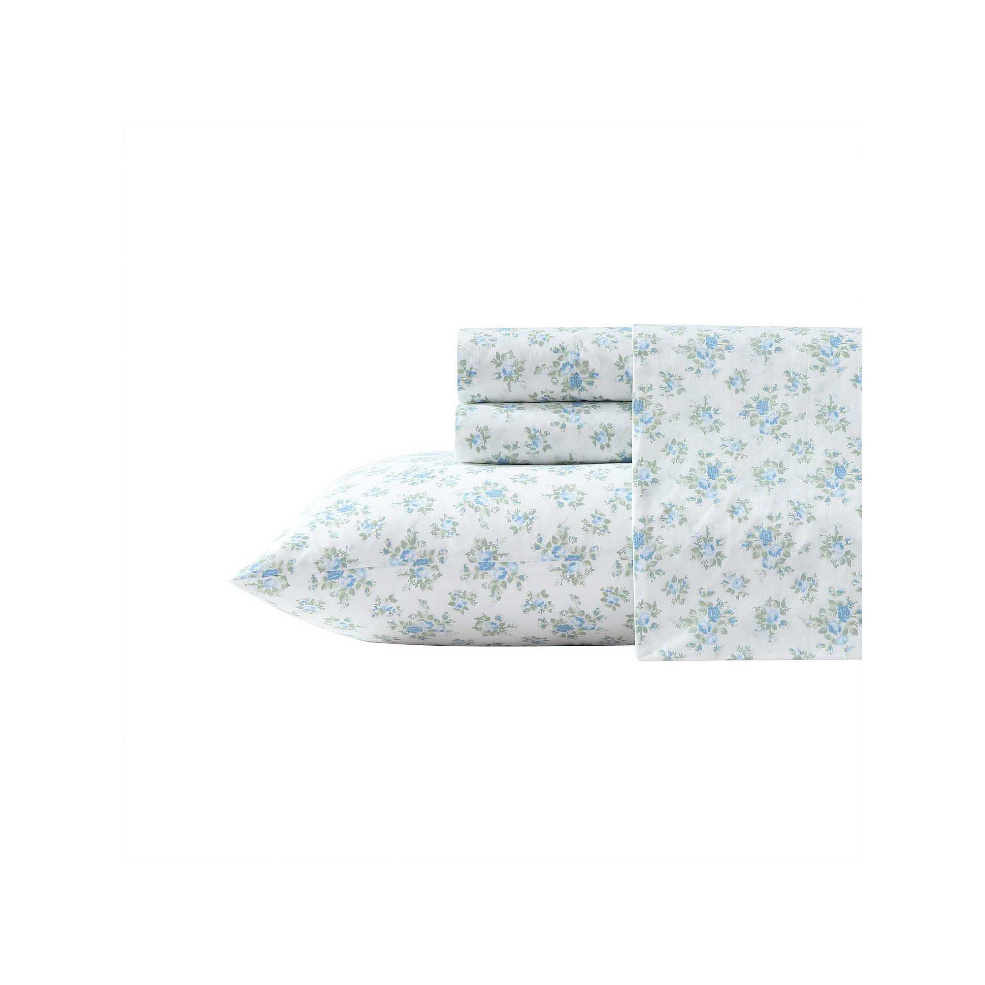 Laura Ashley Cotton Percale Sheet Set with Pillowcases, Blue Leanna