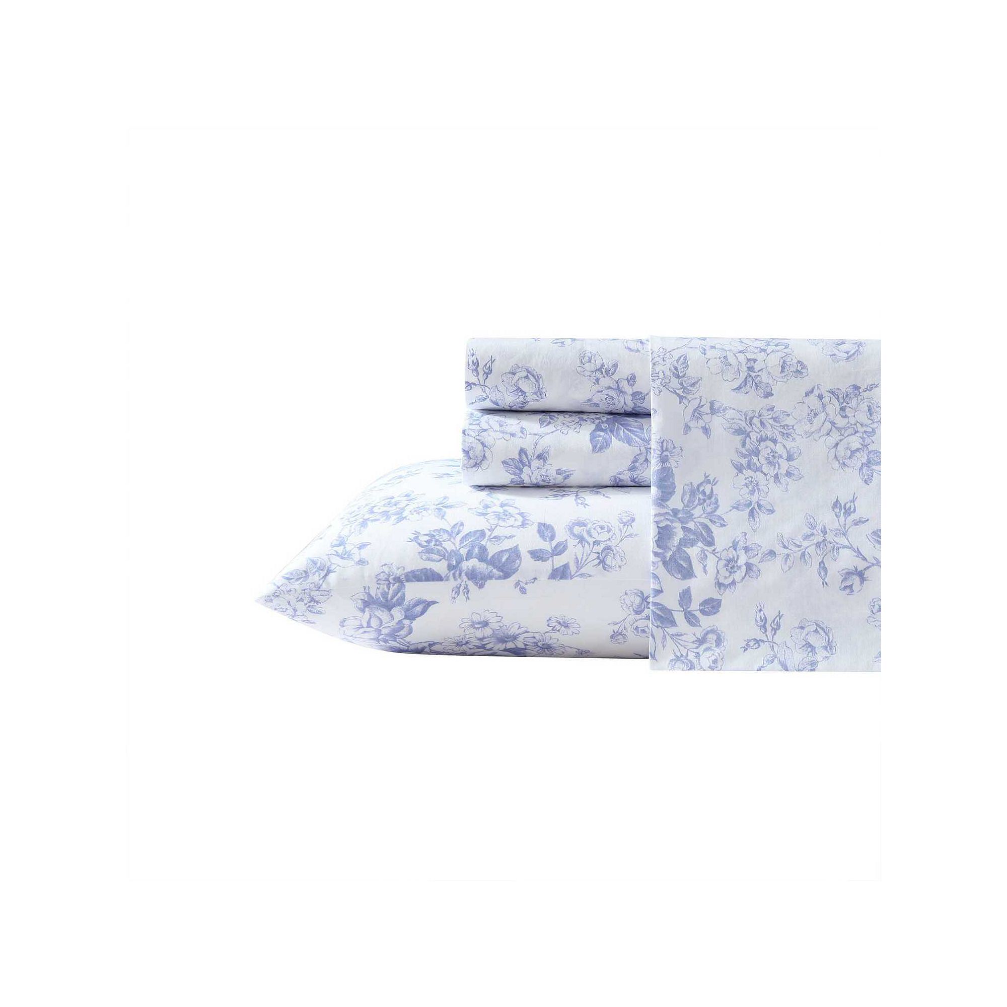 Laura Ashley Cotton Percale Sheet Set with Pillowcases, Purple Toile