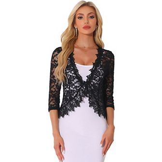 Floral Lace Shrugs for Women's Evening 3/4 Sleeves Formal Elegant Bolero Cardigan