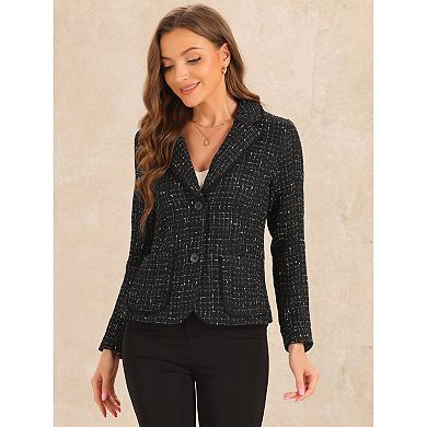 Plaid Tweed Jacket for Women's Notch Lapel Button Elegant Long Sleeve Blazer Jackets