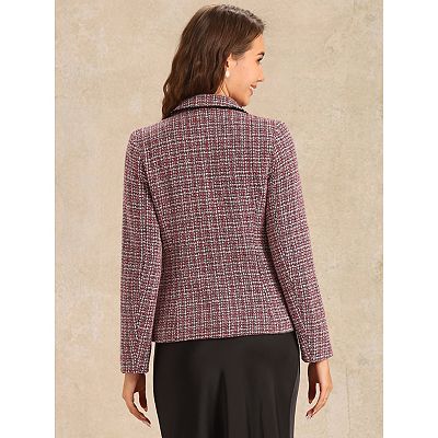 Plaid Tweed Jacket For Women s Notch Lapel Button Elegant Long Sleeve Blazer Jackets