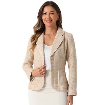Plaid Tweed Jacket for Women's Notch Lapel Button Elegant Long Sleeve Blazer Jackets