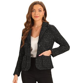 Plaid Tweed Jacket for Women's Notch Lapel Button Elegant Long Sleeve Blazer Jackets