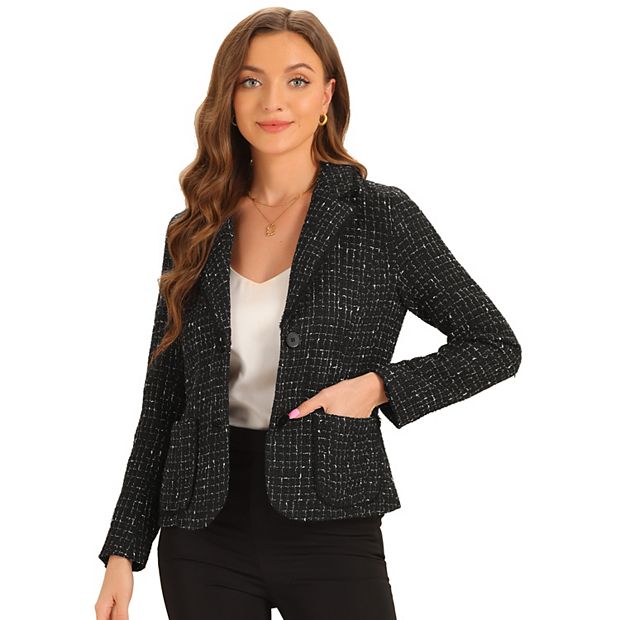 Plaid Tweed Jacket for Women's Notch Lapel Button Elegant Long