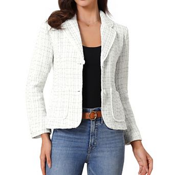 Plaid Tweed Jacket for Women's Notch Lapel Button Elegant Long Sleeve Blazer Jackets