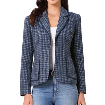 Plaid Tweed Jacket For Women's Notch Lapel Button Elegant Long Sleeve Blazer Jackets